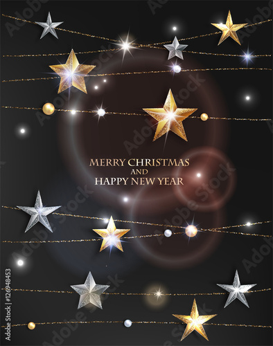 Christmas background with textured sparkling gold and silver stars, beads with gold strings