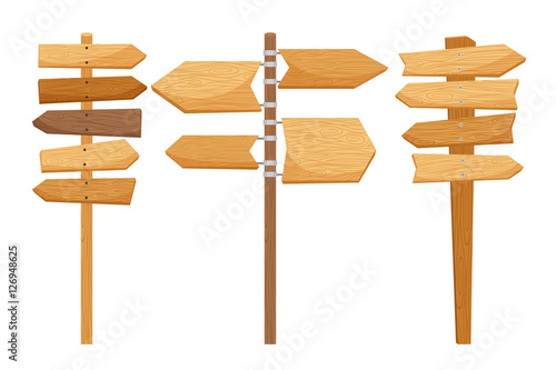 Wooden way direction signs on white background. Vector illustration