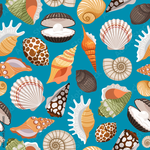 Sea travel and beach tourism background with sea shells seamless pattern. Vector illustration