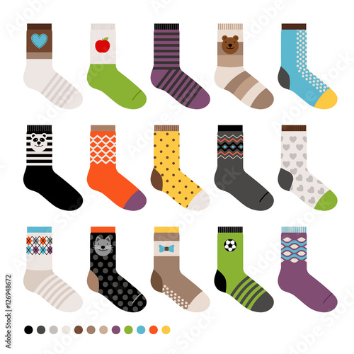 Childrens socks. Vector long sock icon set on white background