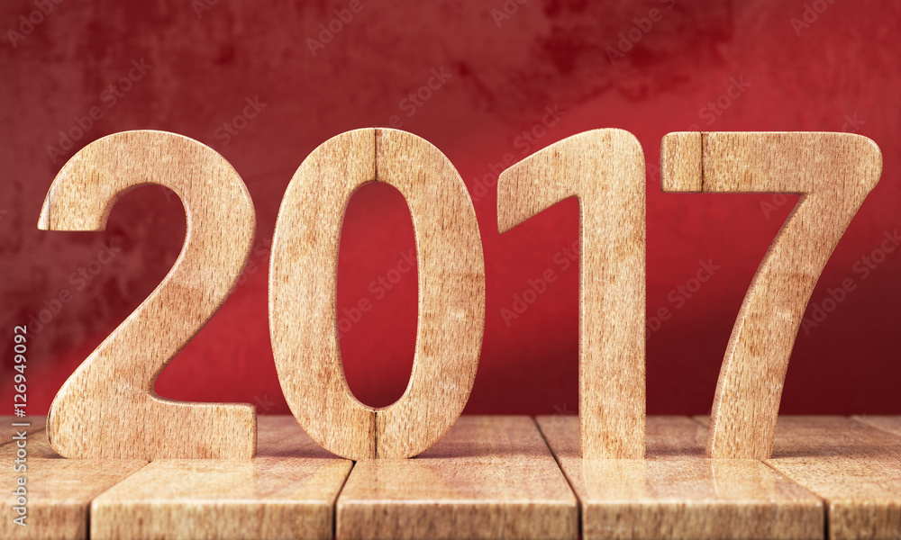 Wooden 2017 New year digits on wooden table on red grunge background. 3d render Wooden 2017 New year digits on wooden table on red grunge background. 3d render
