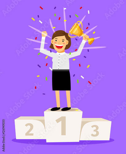 Business success woman standing on winning podium with award. Vector female happiness of leadership