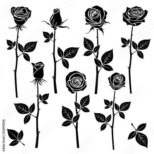 Rose silhouettes, spring buds vector symbols