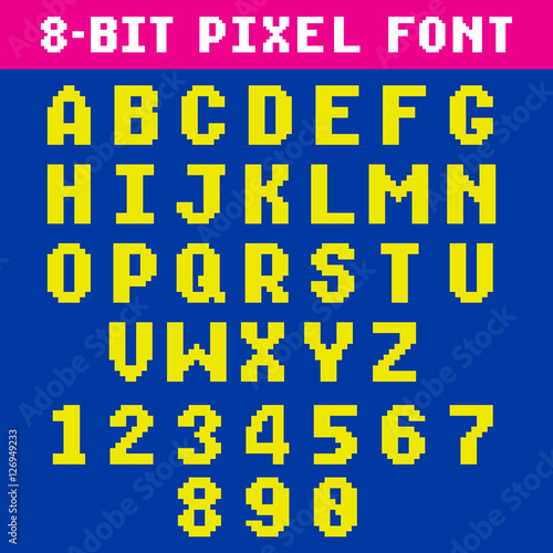 Retro video game pixel letters and numbers font, digital alphabet