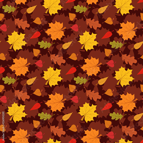 Fall season seamless pattern with leafs on brown background vector illustration