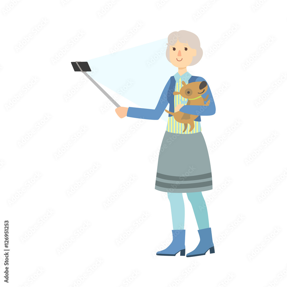 Old Lady With Dog Taking Picture With Selfie Stick Illustration Old Lady With Dog Taking Picture With Selfie Stick Illustration