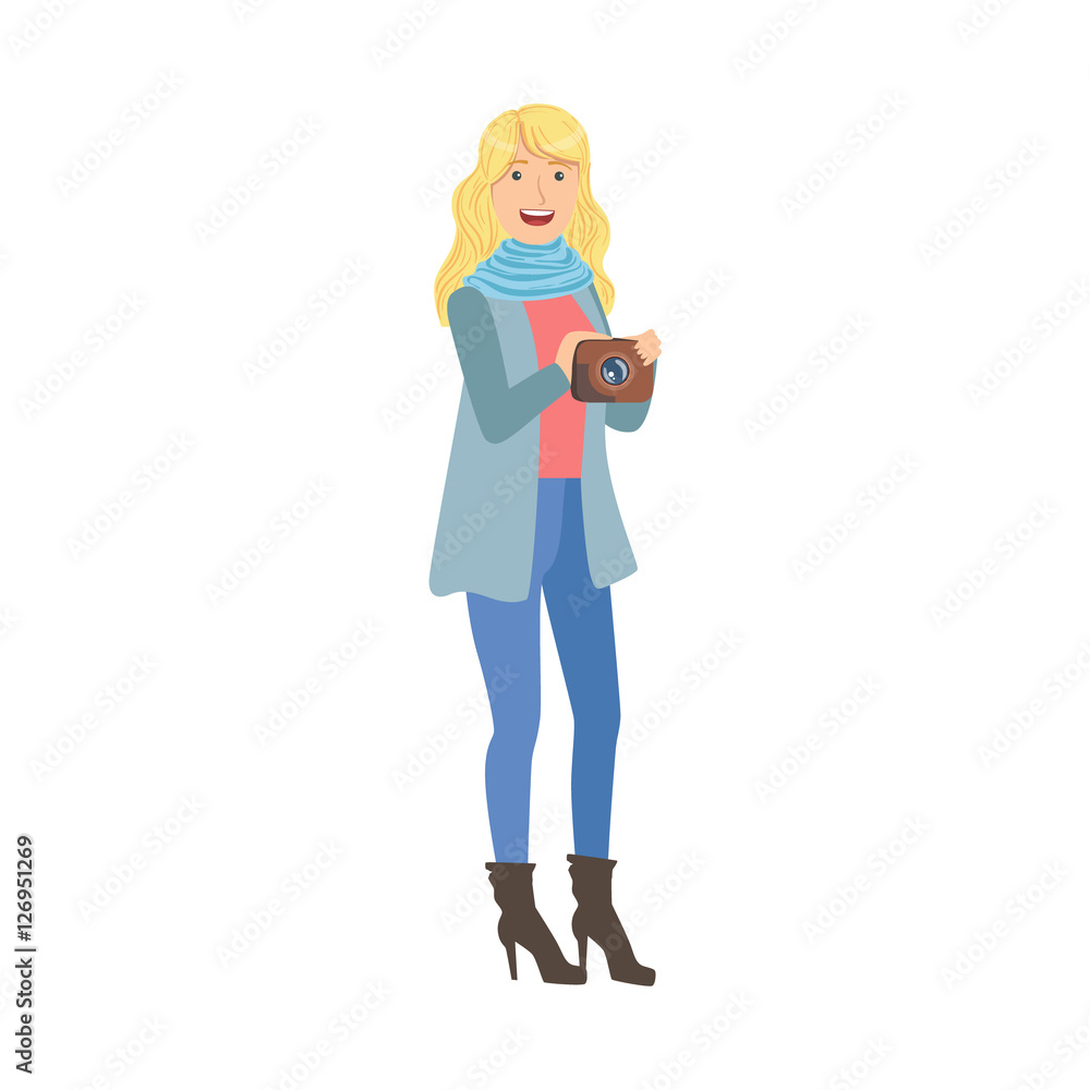 Blond Girl Tourist Taking Pictures With Photo Camera Illustration Blond Girl Tourist Taking Pictures With Photo Camera Illustration