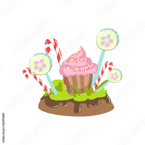 Cupcake, Hard Candy Stick And Lollypop Vegetation Fantasy Candy Land Sweet Landscape Element