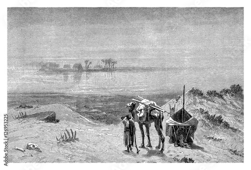 Fotografi Fata Morgana mirage in the desert, vintage engraving