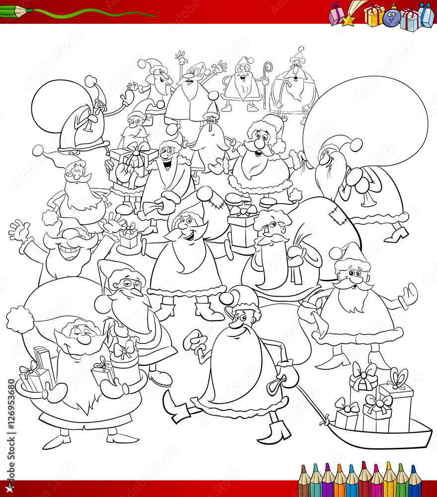 Naklejka premium santa characters group coloring page