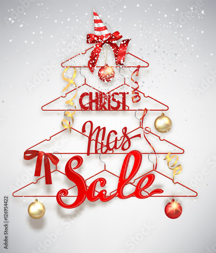 Christmas sale banner with abstract christmas tree made from hangers with decorations