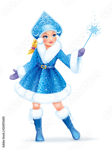 Vector illustration. Beautiful girl wearing short blue coat with white fur. Snow Maiden (Snegurochka), traditional  Russian Christmas character on white background.
