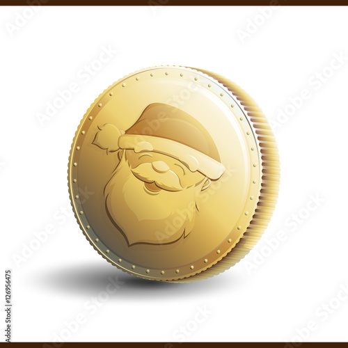 Gold coin with Santa Claus face. Christmas money isolated on white background. Vector illustration 10 EPS