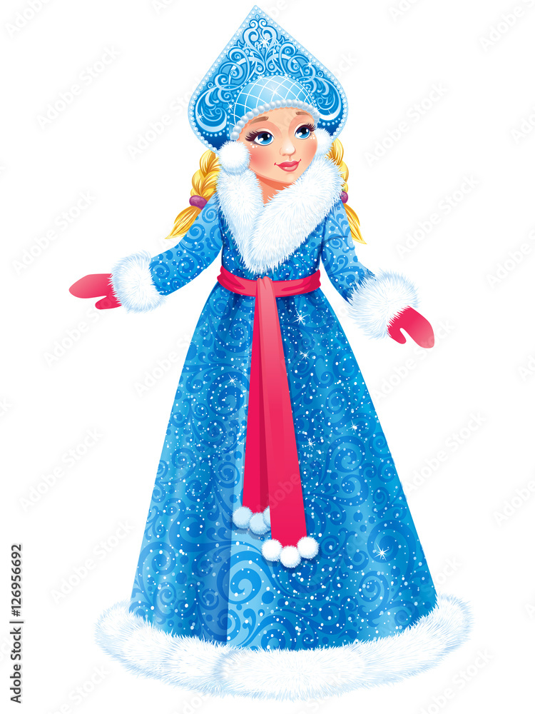Vector illustration. Beautiful girl wearing long blue coat with white fur. Snow Maiden (Snegurochka), traditional  Russian Christmas character on white background.