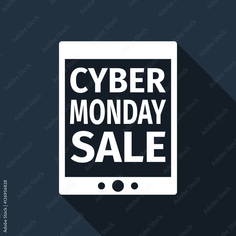 Tablet PC with Cyber Monday Sale text on screen flat icon long shadow. Vector Illustration Tablet PC with Cyber Monday Sale text on screen flat icon long shadow. Vector Illustration