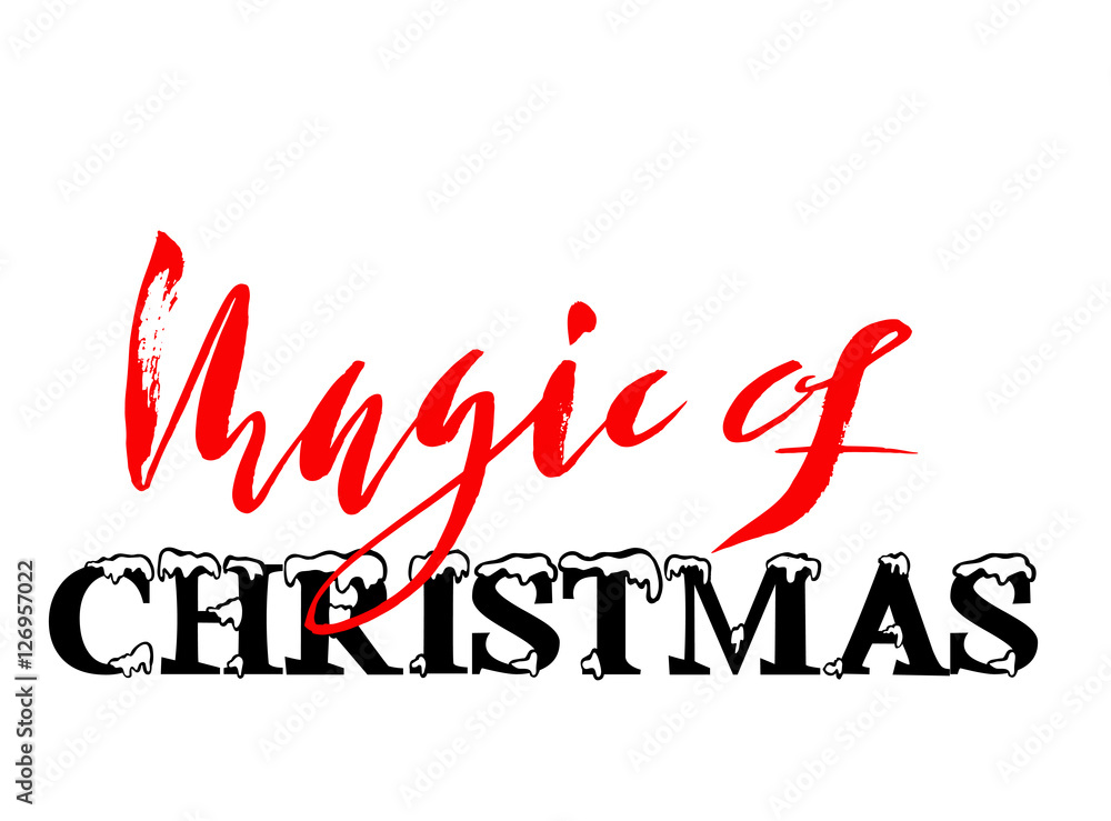 Christmas magic hand drawn lettering. Handmade calligraphy in red black color isolated on white background for your design. Vector illustration