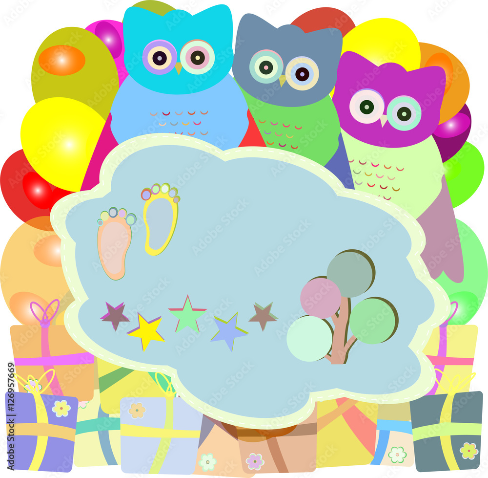 Fototapeta premium cute owl holiday card with gift boxes - baby boy arrival announcement