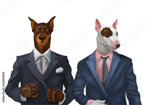 illustration of doberman and bullterrier dressed up in office suit