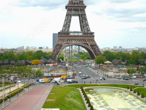 The Eiffel tower from Trocadero on a spring day. Street near the Eiffel tower. Spring in Paris, France