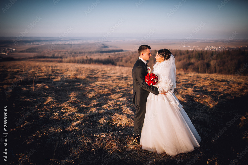 Wedding couple in love. Beautiful bride in white dress and handsome groom in black suite walking together in autumn field. Wedding couple in love. Beautiful bride in white dress and handsome groom in black suite walking together in autumn field.