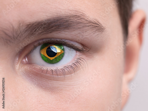 National flag of Brazil on a young boys iris