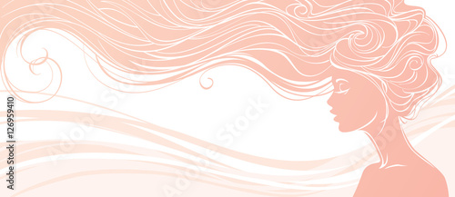 Vector illustration. Beautiful silhouette of long hair woman on pink background. Concept design for beauty salons, spa, cosmetics, fashion and beauty industry.