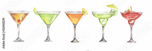 watercolor cocktails set. Isolated glasses with alcohol drinks on white background.