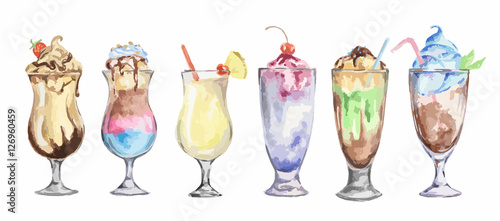 watercolor cocktails set. Isolated glasses with milkshakes drinks on white background.