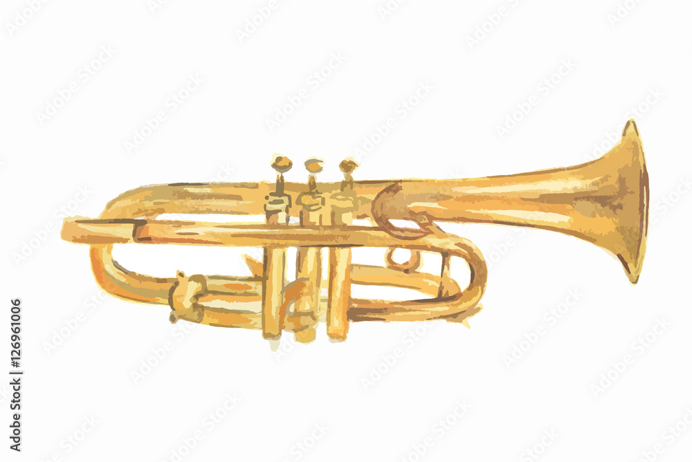 Fototapeta premium Isolated watercolor trumpet on white background. Beautiful classic instrument.