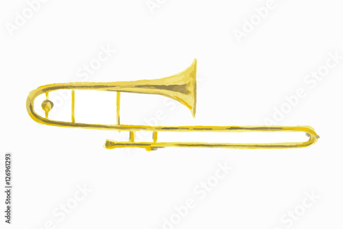 Isolated watercolor trumpet on white background. Beautiful classic instrument.