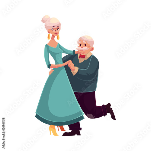 Old, senior couple dancing together, cartoon style vector illustration isolated on white background. Full height portrait of old lady and gentleman dancing romantically