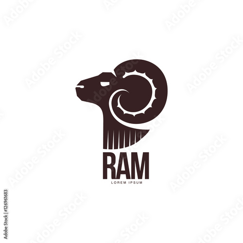 Ram, sheep, lamb head silhouette graphic logo template, vector illustration on white background. Side view black and white sheep, lamb, ram silhouette head for business, farm, wool products logo