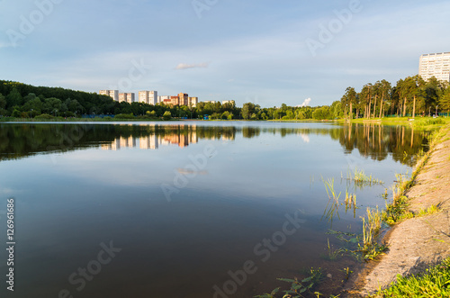 Fototapeta Naklejka Na Ścianę i Meble -  School Lake in sunset light in Zelenograd of Moscow, Russia