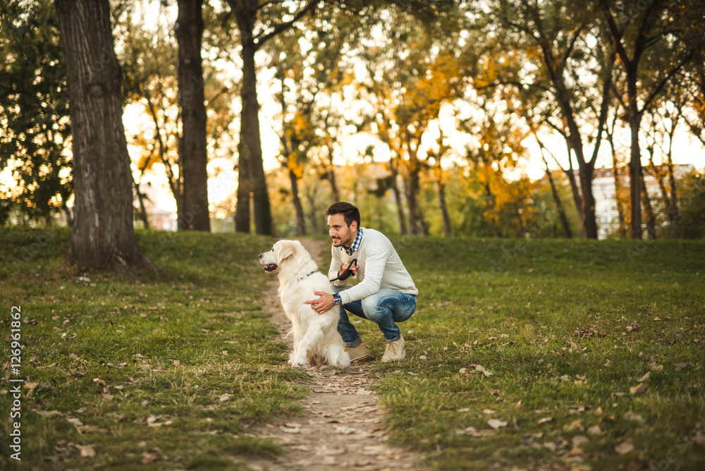 Walking with his dog Walking with his dog
