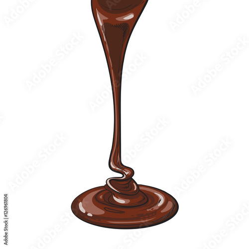 Dark chocolate topping flowing down, sketch style vector illustration isolated on white background. Melted chocolate flowing appetizingly, dipping sauce, creamy dessert