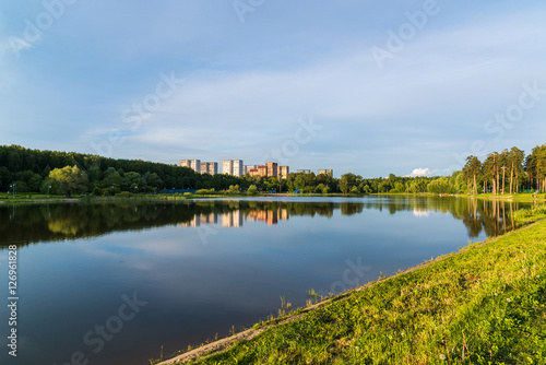 School Lake in sunset light in Zelenograd of Moscow, Russia