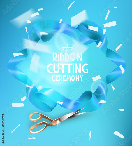 Ribbon cutting ceremony invitation card with blue ribbon, scissors and white flying confetti. Vector illustration