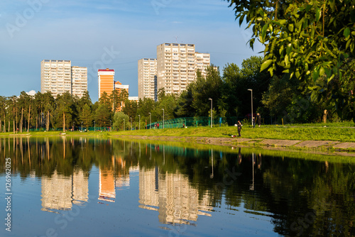 Sunset on the School Lake in Zelenograd district of Moscow, Russia