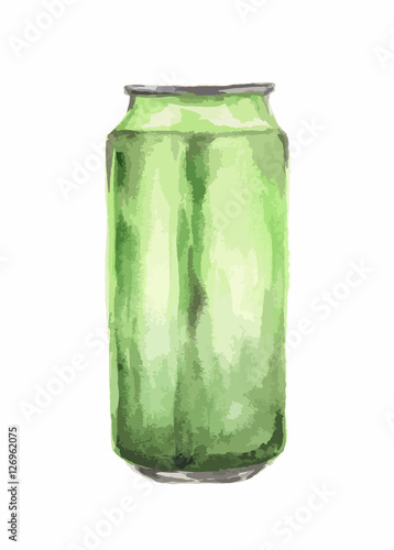 Isolated watercolor beer can on white background.