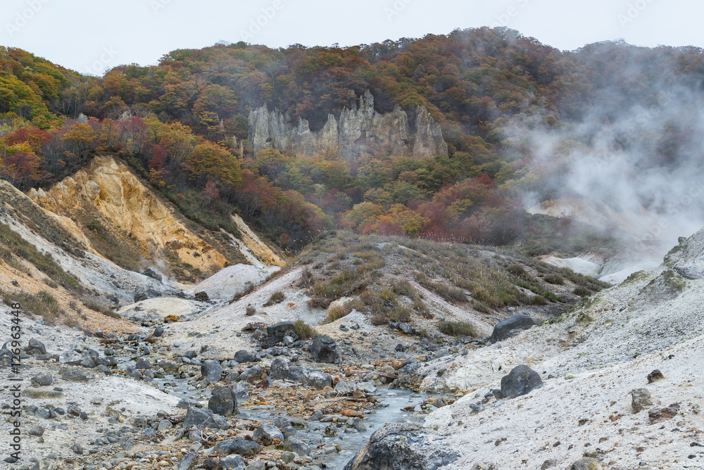 Noboribetsu hot spring, Jigokudani or Hell Valley, Hokkaido in autumn, Japan Noboribetsu hot spring, Jigokudani or Hell Valley, Hokkaido in autumn, Japan