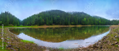 Fototapeta Naklejka Na Ścianę i Meble -  Panoramic view of beautiful lake in mountains. Spruce forest in