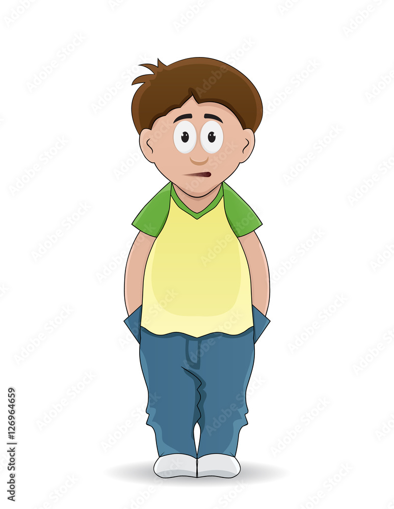 cartoon boy put hand on pocket and looking forward with fear face