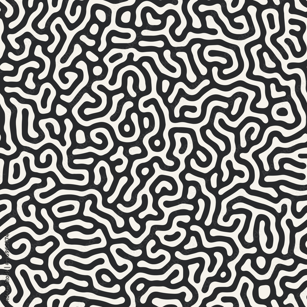 Diffusion reaction vector seamless pattern. Black and white organic shapes, lines pattern. Abstract Background illustration