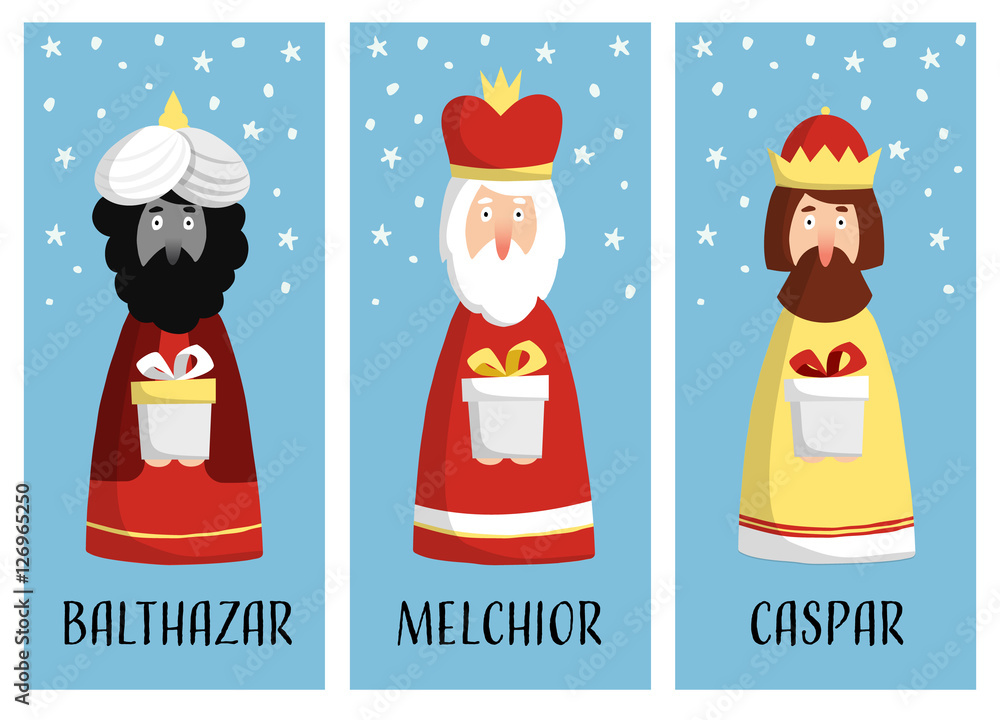 Cute set of Christmas greeting cards, gift tags with three magi. Biblical  kings Caspar, Melchior and Balthazar. Flat design. Stock-Vektorgrafik |  Adobe Stock