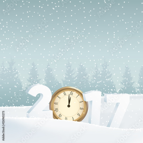 Happy new year 2017 greeting card, invitation. White winter landscape with forest, numbers, old watch and falling snow. Vector.