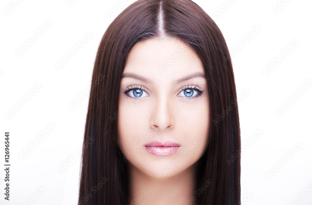 Beautiful woman face close up studio on white background. Beautiful woman face close up studio on white background.
