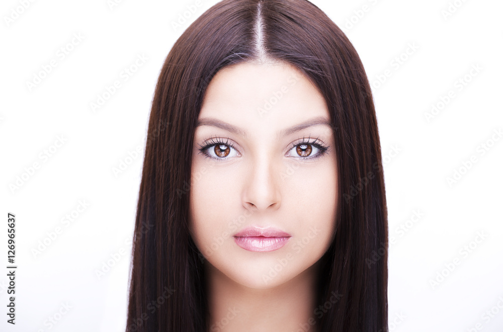 Beautiful woman face close up studio on white background. Beautiful woman face close up studio on white background.