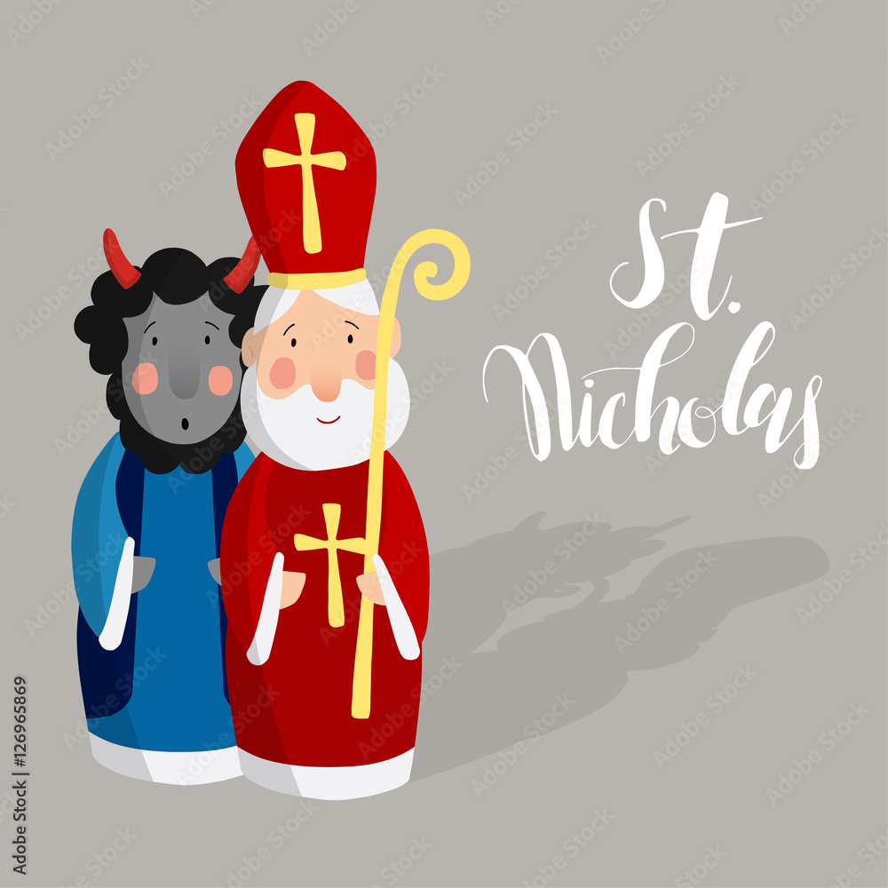 Cute Saint Nicholas with devil and lettering text. Christmas invitation card, vector illustration, winter background
