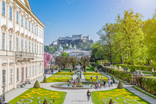 Mirabell Gardens with Hohensalzburg Fortress in Salzburg, Austria