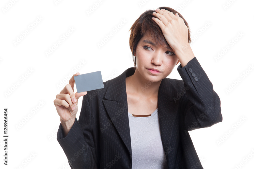 Young Asian business woman headache with a blank card. Young Asian business woman headache with a blank card.